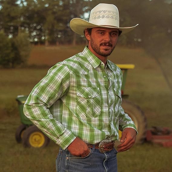 Pearl Snap Shirts for Men - Long Sleeve Western Vintage Plaid Shirts